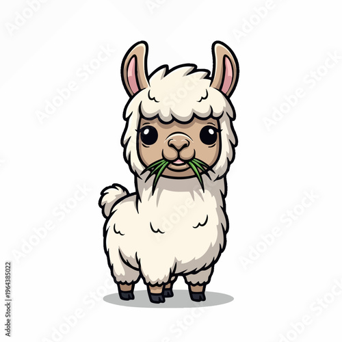 Cute fluffy alpaca cartoon eating fresh grass.
