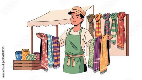 Market Vendor's Display: A local market vendor, showcasing vibrant textile merchandise, creating an inviting visual of artisan commerce.