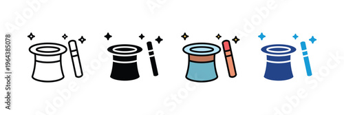 Classic magic top hat with magic wand and sparkles for illusion show and entertainment icon set. Mystery performance and circus magician tool symbol. Vector Illustration.