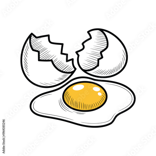 A cracked egg with a runny yolk on a plain white background