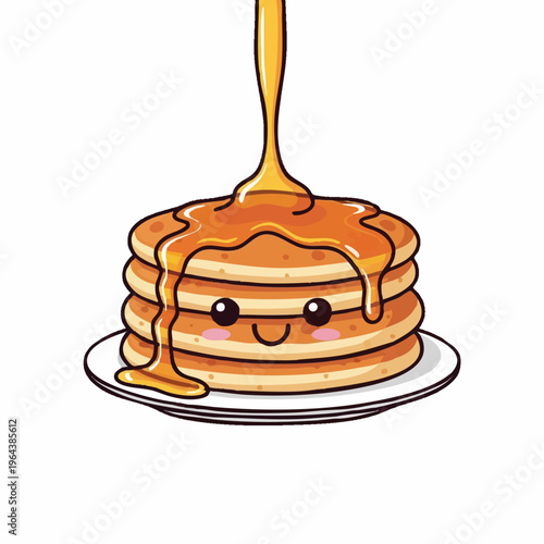 Cute stack of pancakes with syrup drizzle kawaii illustration.