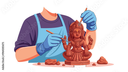 Sculptor Crafting an Idol: An artist, with gloved hands, delicately sculpts a deity with focused precision, reflecting the devotion of craftsmanship.