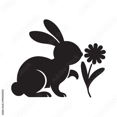Cute Easter Bunny Rabbit Smelling Spring Flower Silhouette Vector for Nature and Holiday Garden Decor