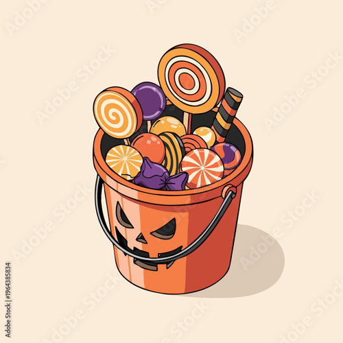 Halloween pumpkin bucket filled with colorful candies illustration.