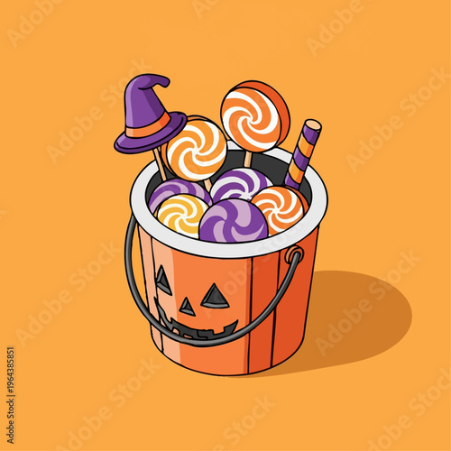 Halloween pumpkin bucket filled with colorful lollipops and sweets.