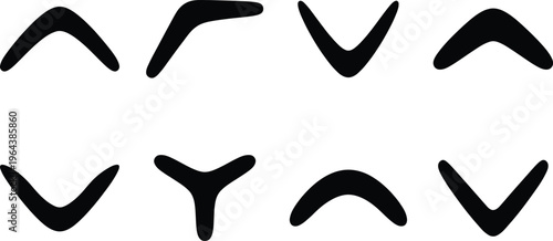 Eight Black Boomerang Shapes in Various Forms on White Background Keywords: boomerang, shape, abstract, sport, recreation, weapon, tool, graphic, illustration, black and white, isolated, design