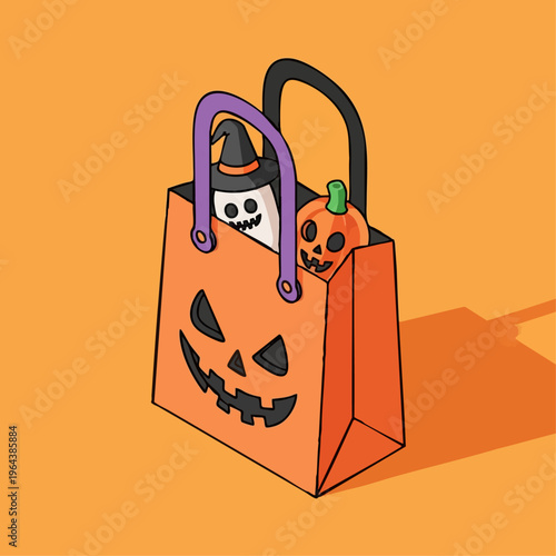 Halloween treat bag with ghost and pumpkin illustration.