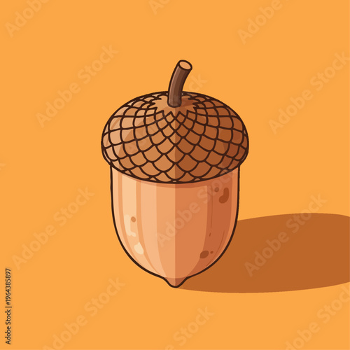 Hand drawn acorn illustration on warm orange background.