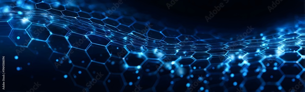 Obraz premium 3d rendering abstract technology background with glowing blue hexagonal grid and light particles forming a dynamic wave structure in digital space representing data science or internet connectivity