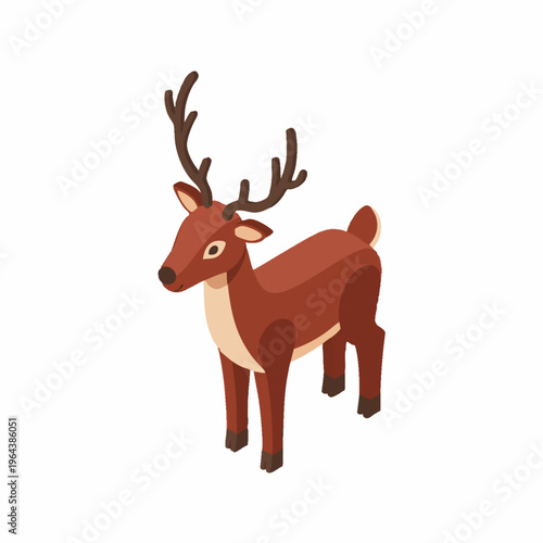 Isometric cartoon reindeer with antlers isolated on white.