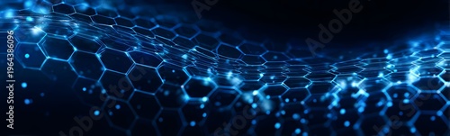 3d rendering abstract technology background with glowing blue hexagonal grid and light particles forming a dynamic wave structure in digital space representing data science or internet connectivity