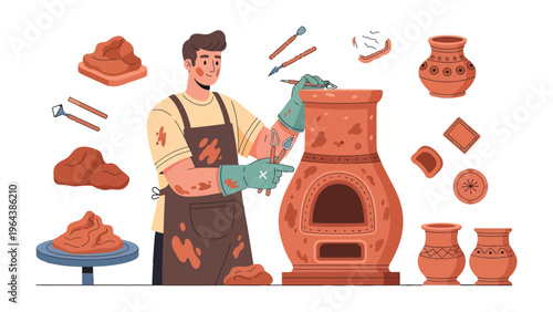 Crafting a Masterpiece: An artisan intently molds and shapes pottery, surrounded by the tools of his craft. A celebration of creative expression, dedication and skill. 
