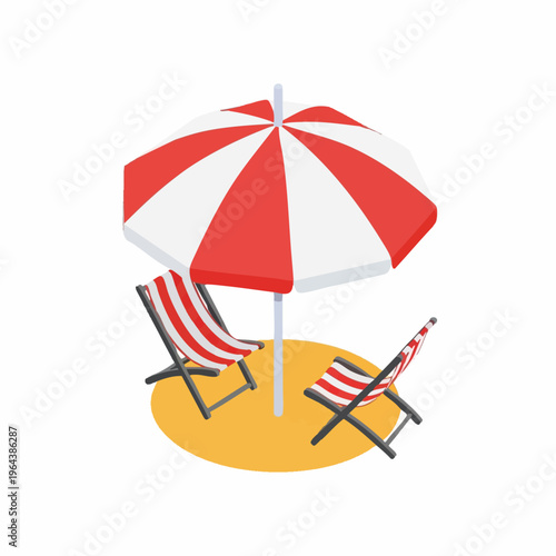Isometric red and white beach umbrella with two striped deck chairs on sand.