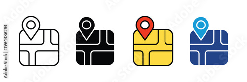 Navigation map with location pin pointer for travel destination and GPS tracking icon set. Digital guide for address search and discovery symbol. Vector Illustration.