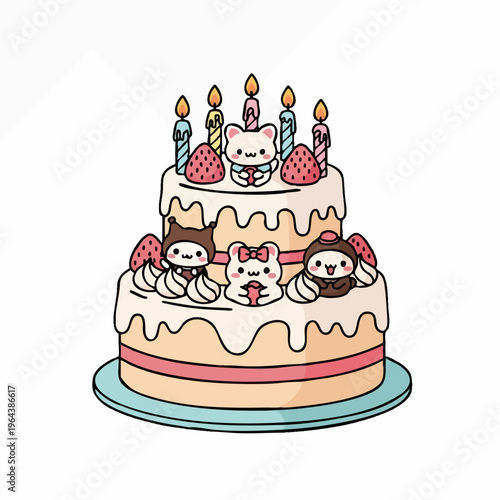 Kawaii tiered birthday cake with candles strawberries and cute animal toppers.