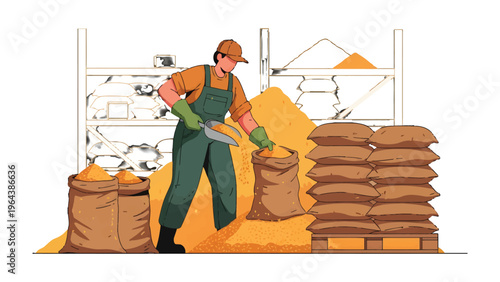 The Harvest Laborer: A hardworking farmer meticulously fills a burlap sack with freshly harvested grain, showcasing the dedication behind the production of food supplies.