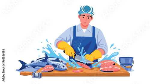 Crafting Fish Fillets: A skilled individual meticulously cuts through fish on a wooden cutting board, surrounded by fresh catches, embodying precision and culinary expertise. 