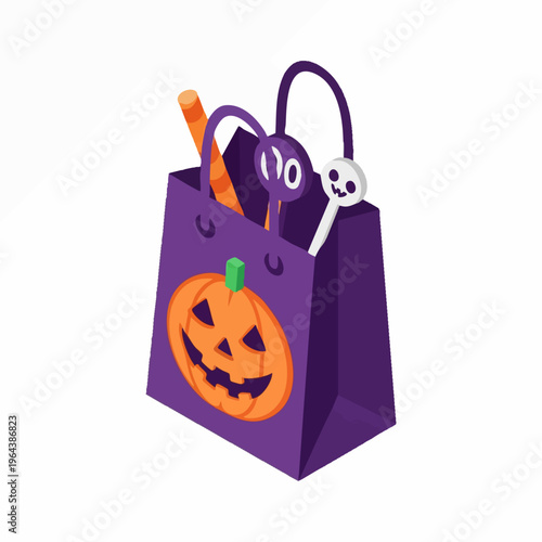Purple Halloween treat bag with pumpkin face and candies.
