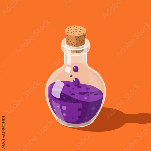 Purple magic potion bottle illustration on orange background.