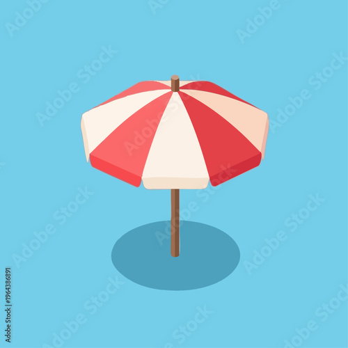 Red and white beach umbrella on blue background.