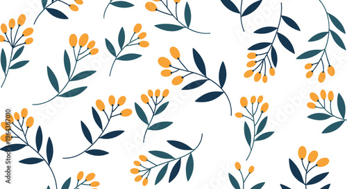 Seamless botanical pattern vector featuring leafy branches with yellow berries in modern minimal decorative design
