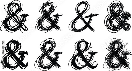 Collection of eight hand-drawn ampersand symbols in various sketchy and artistic styles Keywords: ampersand, and symbol, graphic design, illustration, hand-drawn, sketchy, artistic, abstract, brush