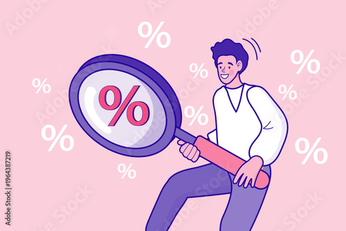 Man looking for best discount and interest rate with magnifying glass