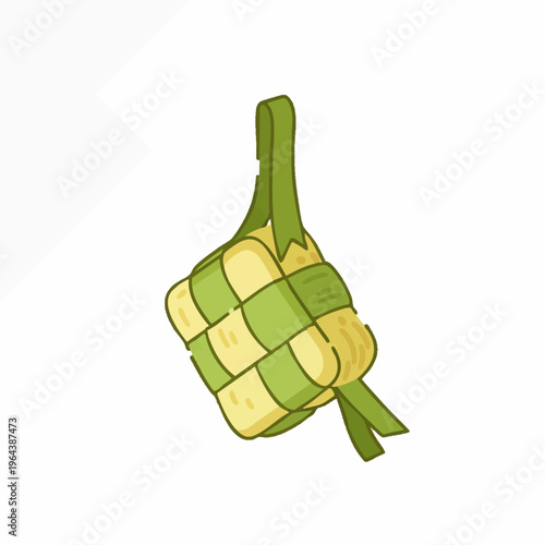 Woven ketupat rice cake icon with green palm leaf pouch isolated on white.