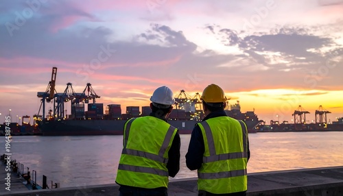 Port Workers Overseeing Operations at Sunset - A Study in Industry and Dedication.