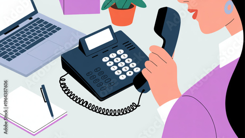 Businesswoman talking on phone at office desk with laptop and notebook