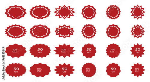 Star shaped price tag, discount and sale label stickers, Sale badge offer promo tag.Set of red starburst, Sale sticker, price tag, starburst icon set , Star burst shape tags for price. Red sale tag.  