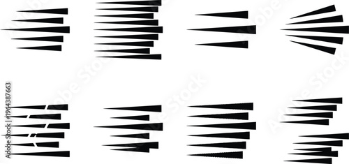 Collection of eight groups of black triangular shapes with varied internal detailing and arrangements Keywords: triangle, shape, geometric, pattern, design element, graphic, illustration, abstract