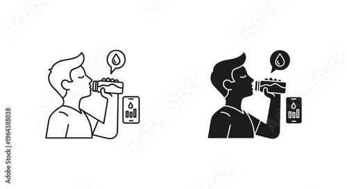 Minimalist water intake tracking icons, man drinking from bottle with mobile app notification, hydration monitoring vector set