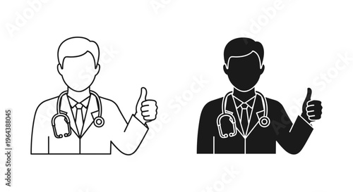 Medical doctor icon set with thumbs up gesture, professional physician avatar in line and silhouette style, healthcare specialist vector illustration