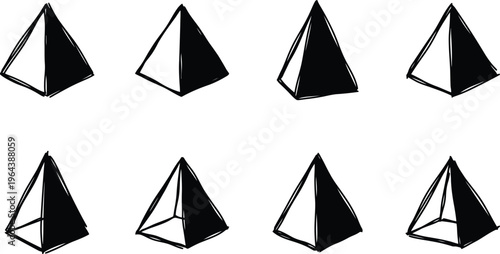 Set of eight hand-drawn pyramid geometric shapes in black and white with varied shading and perspective Keywords: pyramid, geometric, shape, 3D, form, illustration, hand-drawn, sketchy, artistic
