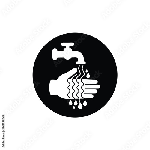 Hand Washing Hygiene Icon, Faucet and Water Drops Vector, Black Circle Safety Sign, Minimalist Hand Wash Symbol, Sanitization and Health Graphic Illustration.