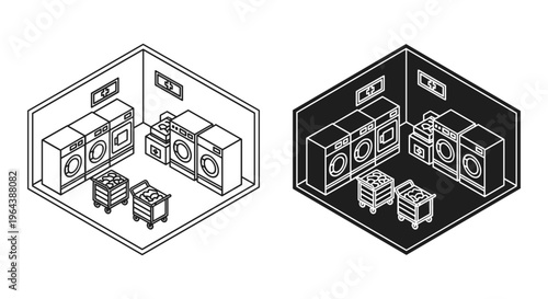 Isometric laundry room vector set, public laundromat interior with washing machines and dryers, self-service laundry facility icons in line art