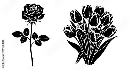 Black floral silhouettes of a single rose and a tulip bouquet, elegant botanical vector elements, minimalist flower illustrations for wedding decor