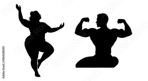 Body positivity silhouettes of a plus size woman dancing and a muscular man posing, diverse body types vector illustration, fitness and health concept