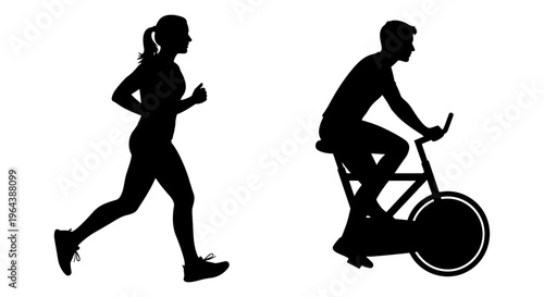 Fitness silhouettes of woman running and man on stationary bike, cardio workout vector icons, gym exercise and indoor cycling training elements