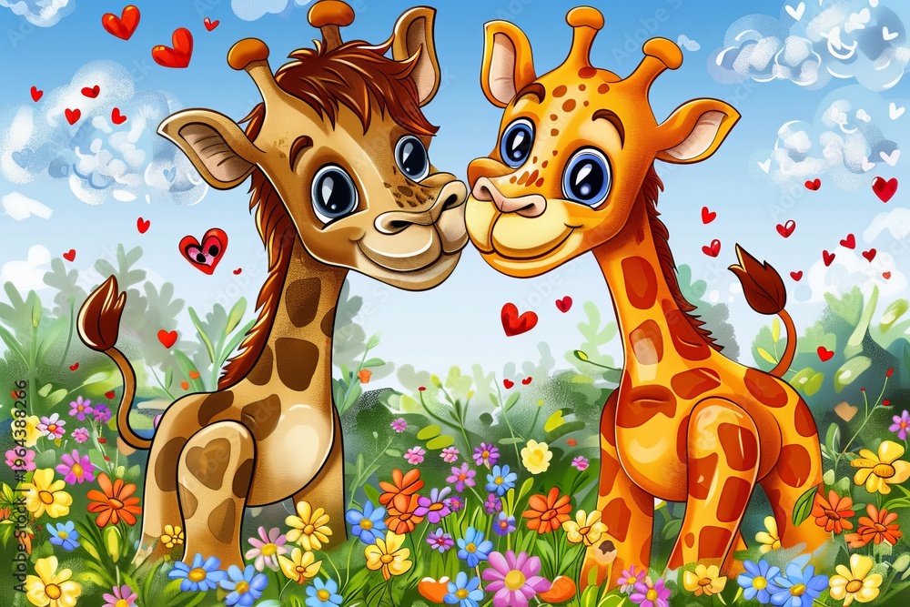 Obraz premium Joyful cartoon lion and giraffe in a vibrant floral garden with floating hearts above