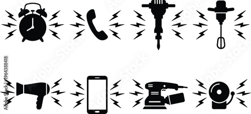 Collection of Eight Black Icons Representing Noisy Objects and Devices Keywords: noise, sound, loud, alarm, ringing, vibrating, disruptive, icon, symbol, silhouette, black, white, background