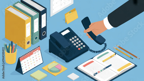 Office workspace with hand holding phone surrounded by office supplies and calendar on blue background