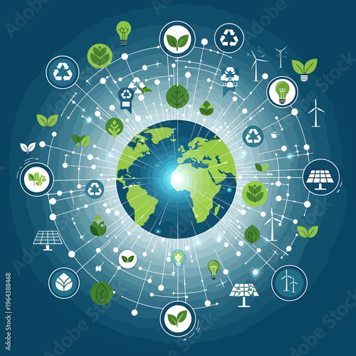 Illustration of a sustainable online global network with eco-friendly icons and green earth in a blue circle, representing environmentally friendly technology for a better future.