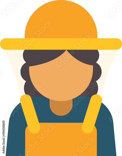 Woman beekeeper character wearing a yellow protective hat and suit