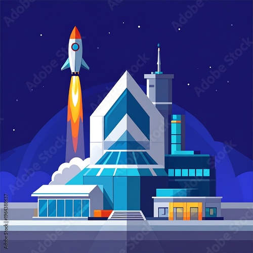 Rocket Launch from Modern Spaceport at Night.