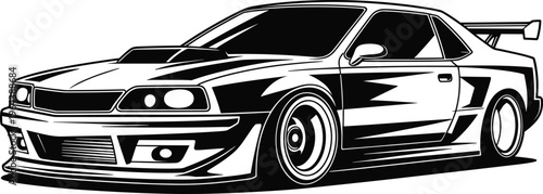 Black and white vector illustration of a modified Japanese sports car with drift body kit spoiler and rims for automotive t-shirt design