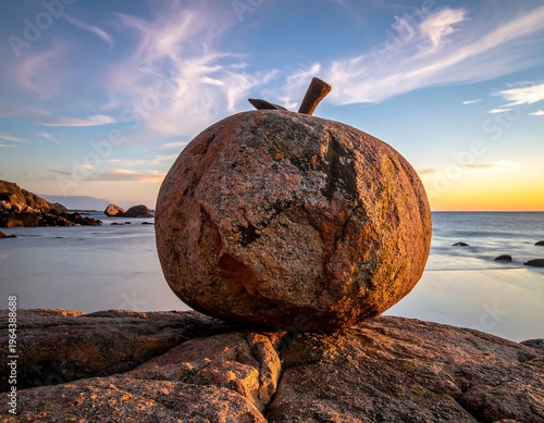 Rock Apple Sculpture at Sunset by the Ocean.