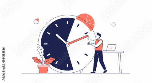 An organized person skillfully adjusts a massive clock, symbolizing efficient time management, productivity, and meeting project deadlines.