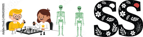 Kids playing chess, skeleton characters and decorative letter SS vector set featuring educational, anatomy and floral typography elements